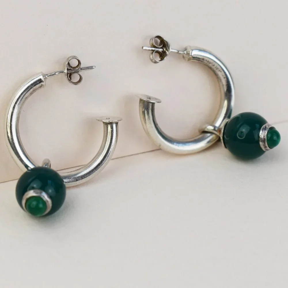 Forest green charm hoop earrings sterling silver, basic medium chunky hoop studs